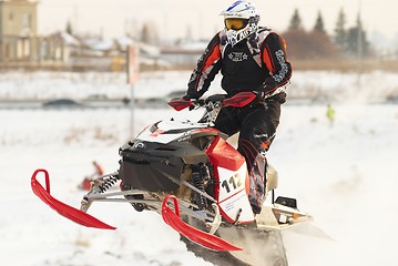 Image showing Sport snowmobile jump