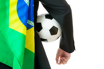 Image showing Supporter with brazil flag holding soccer ball