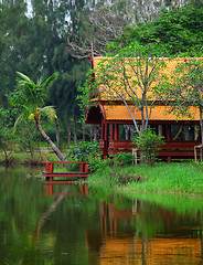 Image showing Thai style pavilion with lake