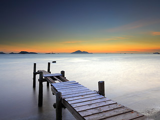 Image showing Wooden bridge with seascape