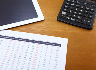 Image showing Office table with tablet, calculator and data chart