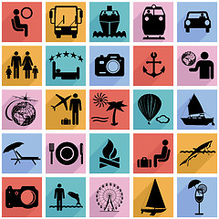 Image showing Collection flat icons with long shadow. Travel symbols. Vector i