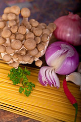Image showing Italian pasta and mushroom sauce ingredients