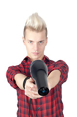 Image showing Portrait of handsome man with hairdryer