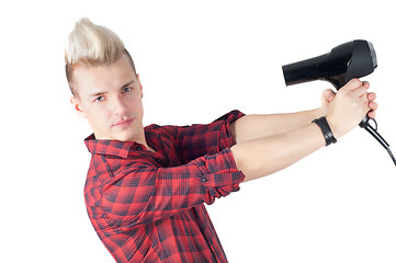Image showing Portrait of handsome guy with hairdryer