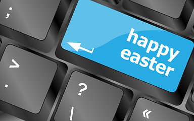 Image showing happy Easter text button on keyboard with soft focus