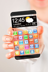 Image showing Smartphone with transparent screen in human hands.