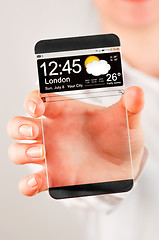 Image showing Smartphone with transparent screen in human hands.