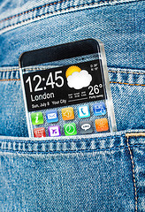 Image showing Smartphone with a transparent screen in a pocket of jeans.