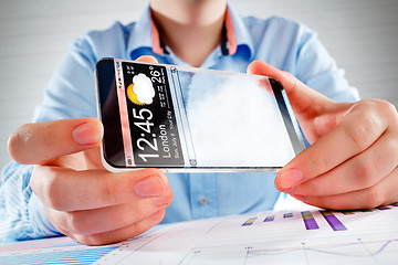 Image showing Smartphone with transparent screen in human hands.