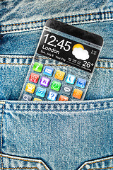 Image showing Smartphone with a transparent screen in a pocket of jeans.