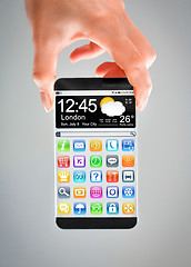 Image showing Smartphone with transparent screen in human hands.