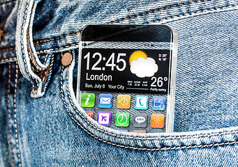 Image showing Smartphone with a transparent screen in a pocket of jeans.