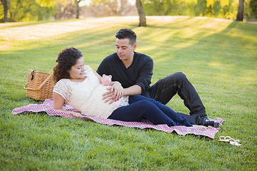 Image showing Pregnant Hispanic Couple with Piggy Bank on Belly in Park