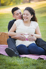 Image showing Pregnant Hispanic Couple Making Heart Shape with Hands on Belly