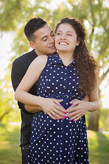 Image showing Hispanic Man Hugs His Pregnant Wife Outdoors At the Park