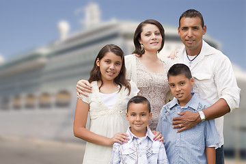 Image showing Young Happy Hispanic Family In Front of Cruise Ship