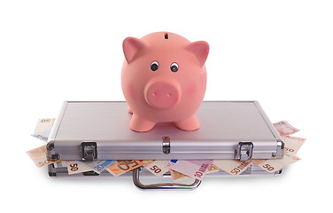 Image showing Piggy bank on top of metal case filled with money