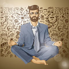 Image showing Vector Hipster Businessman in Lotus Pose Meditating