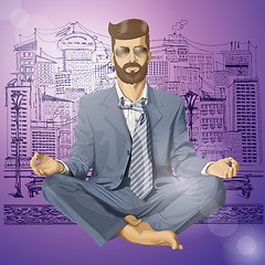 Image showing Vector Hipster Businessman in Lotus Pose Meditating