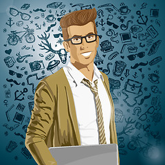 Image showing Vector Hipstar Man With Laptop in His Hands