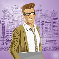 Image showing Vector Hipstar Man With Laptop in His Hands