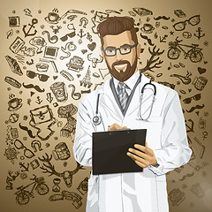Image showing Vector Hipster Doctor Man With Clipboard
