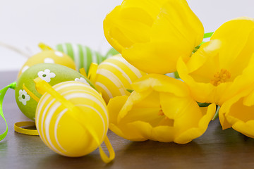 Image showing Colourful yellow and green spring Easter Eggs