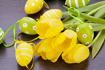 Image showing Colourful yellow and green spring Easter Eggs