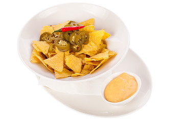 Image showing Nachos with cheese sauce and chilli pepperoni