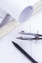 Image showing architect blueprints equipment objects workplace