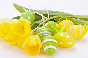 Image showing Colourful yellow and green spring Easter Eggs