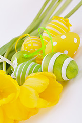 Image showing Colourful yellow and green spring Easter Eggs