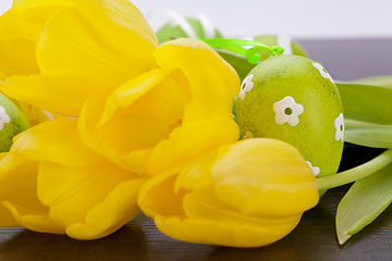 Image showing Colourful yellow and green spring Easter Eggs