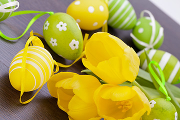 Image showing Colourful yellow and green spring Easter Eggs