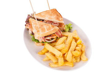 Image showing Club sandwich with potato French fries