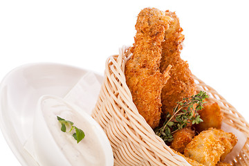 Image showing Crisp crunchy golden chicken legs and wings