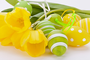 Image showing Colourful yellow and green spring Easter Eggs