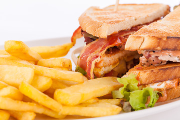 Image showing Club sandwich with potato French fries