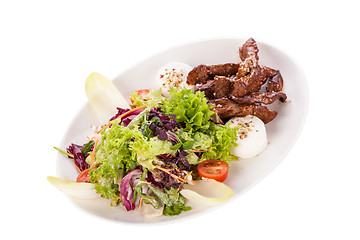 Image showing grilled beef stripes fresh salad and goat cheese