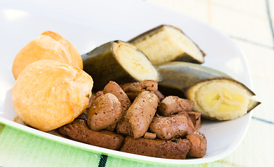 Image showing Liver, fried dumplings and banana