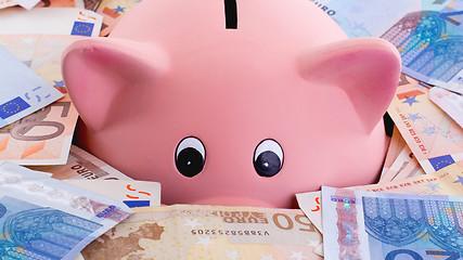 Image showing Unique pink ceramic piggy bank drowning in money