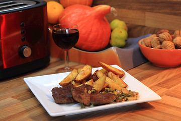 Image showing steak with potatoes and wine