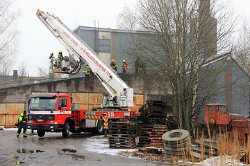 Image showing Volvo Fire Truck at Cement Plant Fire in Salo, Finland