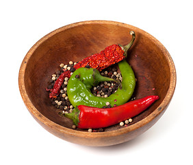 Image showing Various of hot peppers in wooden plate