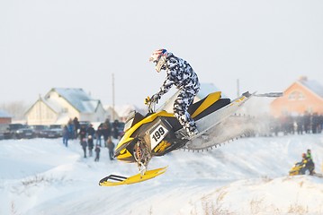 Image showing Sport snowmobile jump