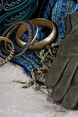 Image showing vintage bag, leather gloves, bracelets and scarf