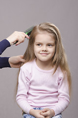 Image showing Hairdresser brushing her long hair girls