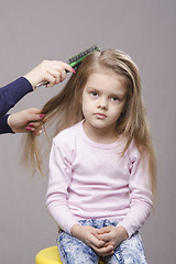 Image showing Hairdresser brushing her long hair girls
