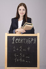 Image showing Portrait of the teacher with textbooks and Board